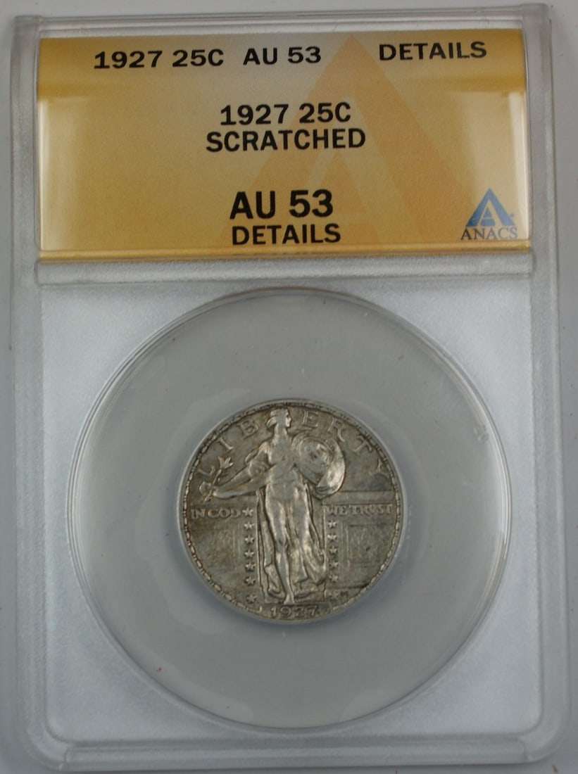 ANACS AU53 1927 Standing Liberty 25C Silver Quarter: ANACS AU53 1927 Standing Liberty 25C Silver Quarter This is a 1927 Standing Liberty Silver Quarter from the United States, graded AU-53 by ANACS. The coin is composed of silver and has been circulated