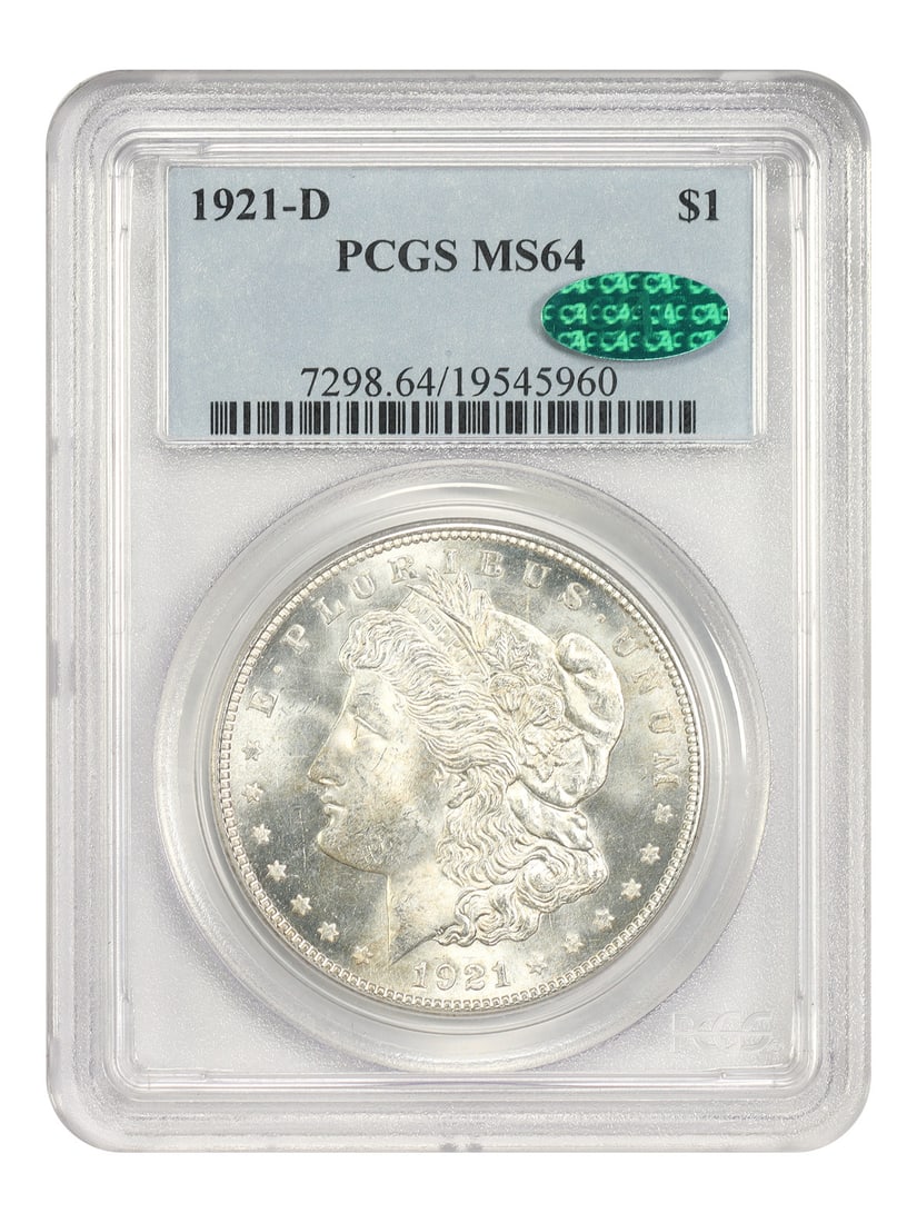 PCGS MS64 CAC 1921-D Morgan Silver Dollar Denver Mint: PCGS MS64 CAC 1921-D Morgan Silver Dollar Denver Mint 1921-D Morgan Dollar, the final Denver Mint issued Morgan silver dollar as the U.S. Mint transitioned to the Peace dollar design. Certified by PCG