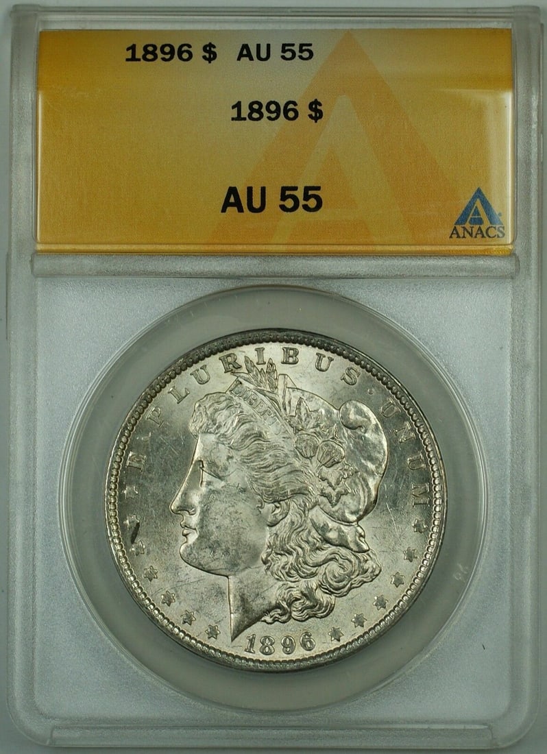 1896 Philadelphia Morgan Dollar ANACS AU-55 Certified Silver Coin: 1896 Philadelphia Morgan Dollar ANACS AU-55 Certified Silver Coin This 1896 Morgan Silver Dollar was minted in Philadelphia and is composed of 90% silver. Certified by ANACS with a grade of AU-55, thi