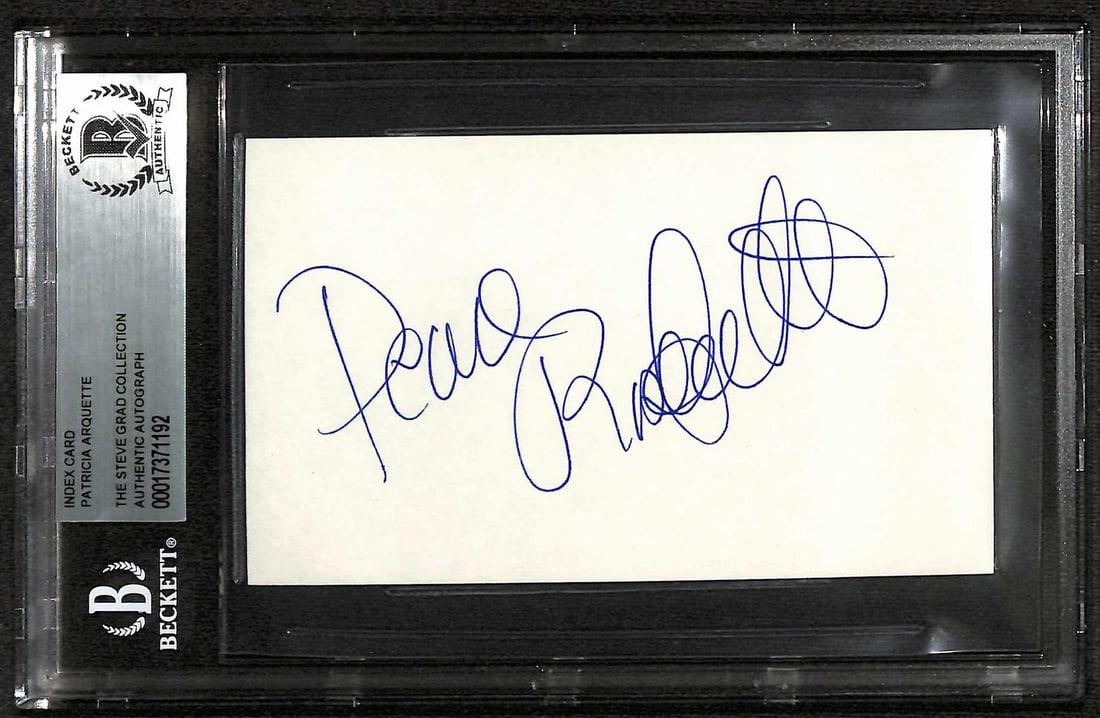 Beckett Slabbed Patricia Arquette Autographed Index Card: Beckett Slabbed Patricia Arquette Autographed Index Card This is a Patricia Arquette hand-signed index card, encapsulated and certified by Beckett Authentication Services. The autograph was obtained i