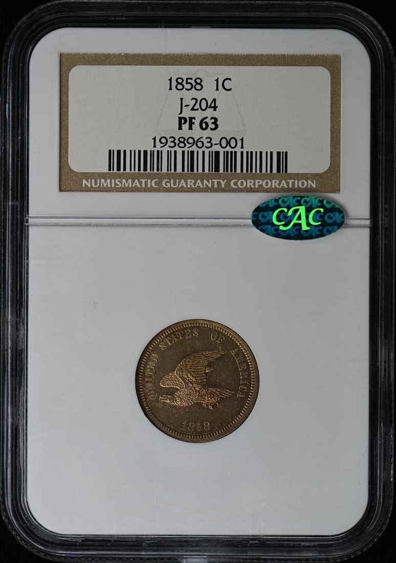NGC PR63 CAC 1858 Flying Eagle Cent Pattern J-204 Proof Coin: NGC PR63 CAC 1858 Flying Eagle Cent Pattern J-204 Proof Coin This 1858 Pattern Flying Eagle cent, designated J-204, is a proof strike graded PR63 by NGC and features a CAC endorsement. Minted in Phila