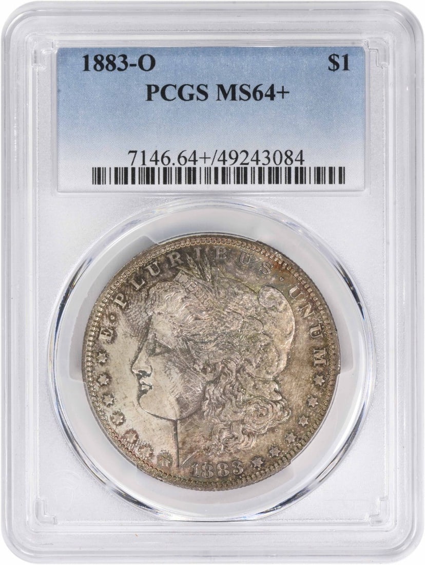 1883 O Morgan Silver Dollar MS64+ PCGS Uncirculated Coin: 1883 O Morgan Silver Dollar MS64+ PCGS Uncirculated Coin This 1883-O Morgan Silver Dollar is a stunning example of American numismatic history, graded MS64+ by PCGS, ensuring its premium quality. Mint