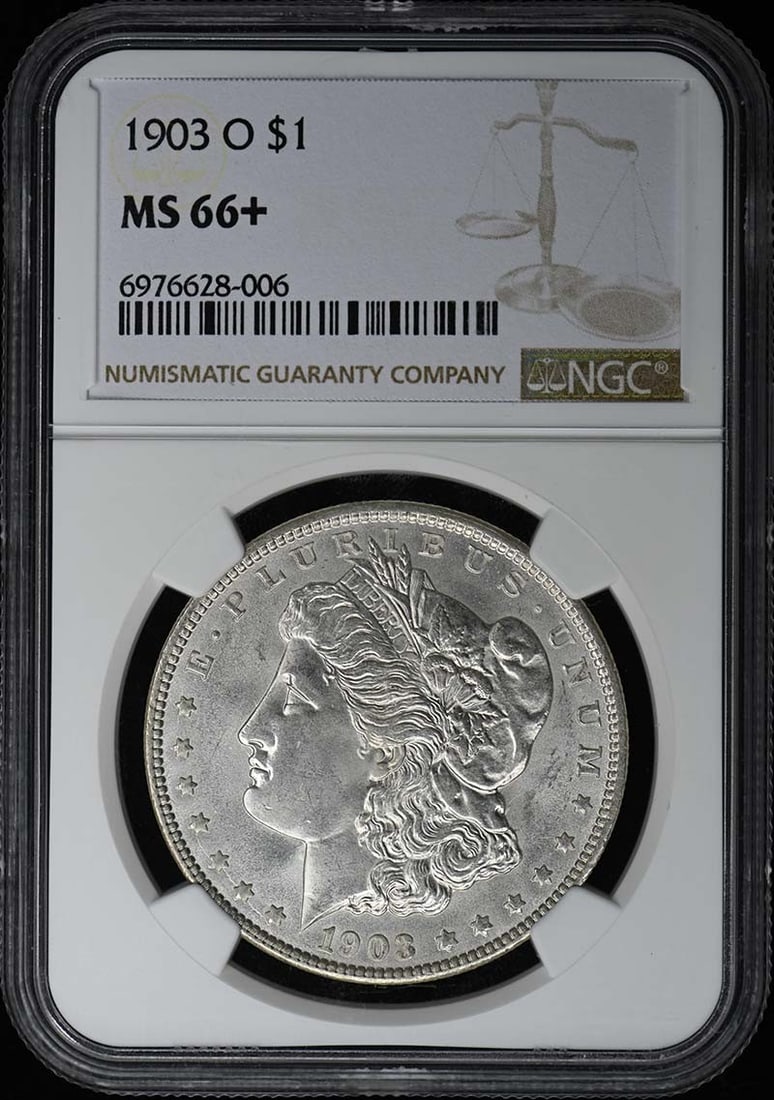 1903-O Morgan Dollar NGC MS66+ Uncirculated Coin: 1903-O Morgan Dollar NGC MS66+ Uncirculated Coin This stunning 1903-O Morgan Dollar is certified by NGC with a remarkable grade of MS66+, indicating its uncirculated condition. Struck in New Orleans, 
