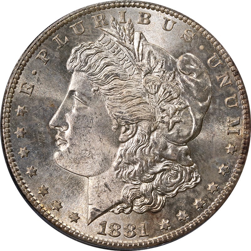 1881-S Morgan Dollar PCGS MS65 Toned OGH: 1881-S Morgan Dollar PCGS MS65 Toned OGH This is an 1881-S Morgan Silver Dollar graded MS65 by PCGS and housed in an Old Green Holder (OGH). The coin features attractive toning and is composed of 90% 