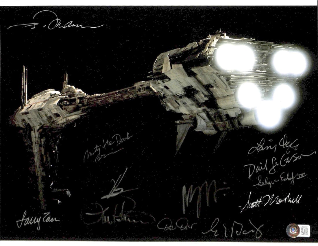 Star Wars ROTJ ILM Rebel Medical Frigate Signed 11x14 Photo by 12 Crew Beckett LOA: Star Wars ROTJ ILM Rebel Medical Frigate Signed 11x14 Photo by 12 Crew Beckett LOA This striking 11x14 photograph captures the Rebel Medical Frigate from Star Wars: Return of the Jedi, featuring authe