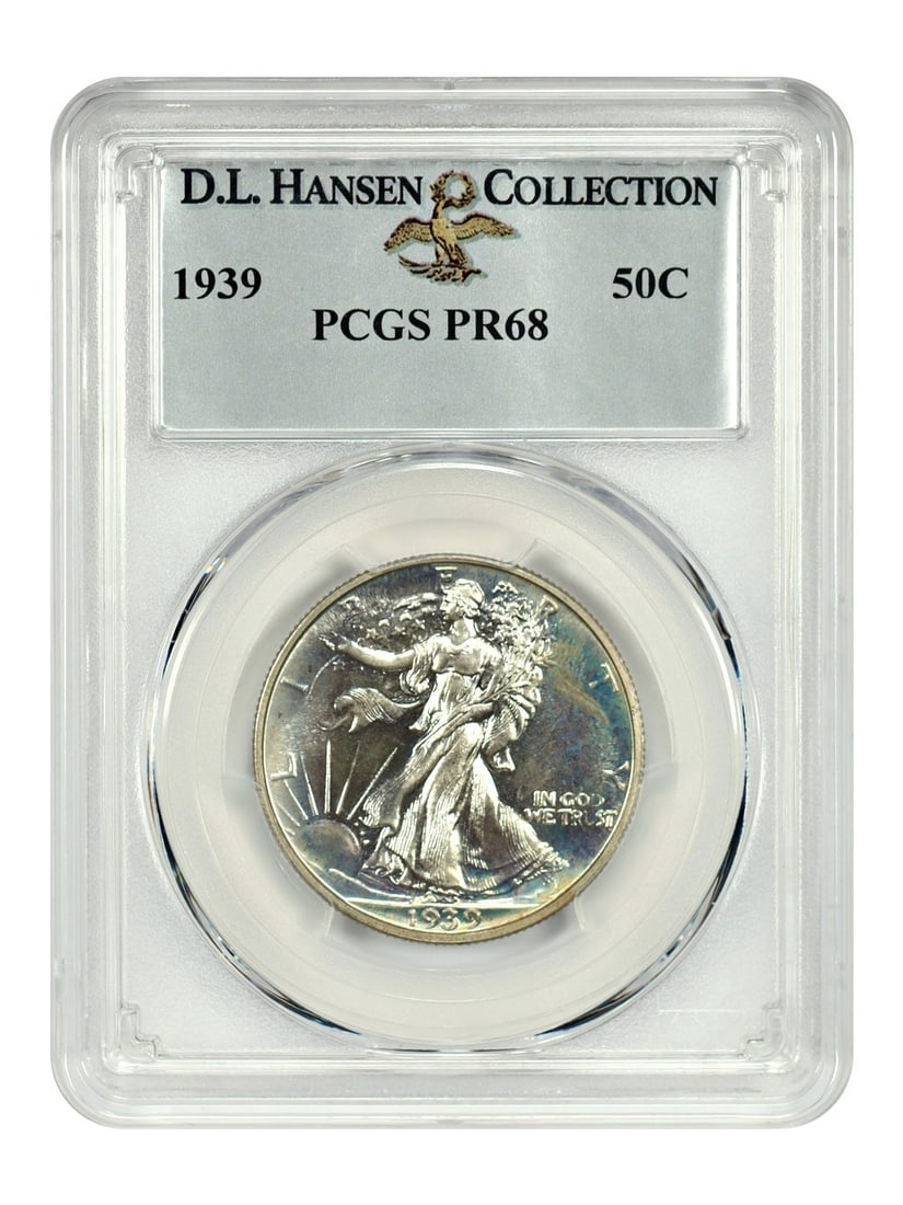PCGS PR68 1939 Walking Liberty Half Dollar 50C ex D.L. Hansen: PCGS PR68 1939 Walking Liberty Half Dollar 50C ex D.L. Hansen This 1939 Walking Liberty Half Dollar is a PCGS PR68 example from Philadelphia. It is described as an exceptional coin from a mintage of 8
