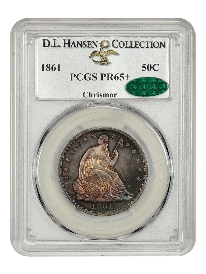 1861 Liberty Seated Half Dollar 50C PCGS PR65+ CAC: 1861 Liberty Seated Half Dollar 50C PCGS PR65+ CAC 1861 Liberty Seated Half Dollar, certified by PCGS and graded PR65+. This uncirculated proof coin is from the Philadelphia mint and is described as a