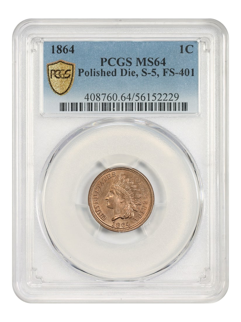 Indian Cent 1864 1C PCGS MS64 Polished Die FS-401 S-5: Indian Cent 1864 1C PCGS MS64 Polished Die FS-401 S-5 1864 Indian Cent graded MS64 by PCGS. This Philadelphia-minted 1C is identified by a series of parallel die lines around Liberty's ear. The coin i