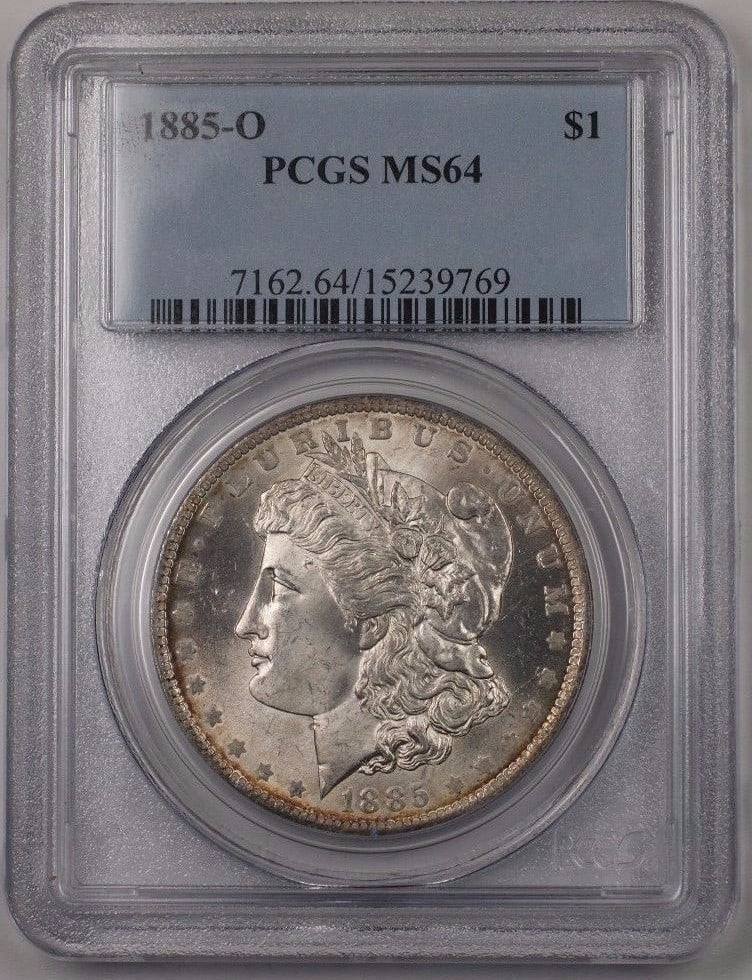 PCGS MS64 1885 O Morgan Silver Dollar: PCGS MS64 1885 O Morgan Silver Dollar This 1885-O US Morgan Silver Dollar is an uncirculated $1 coin, certified by PCGS with a grade of MS-64. Minted in New Orleans, it is composed of silver with a fi