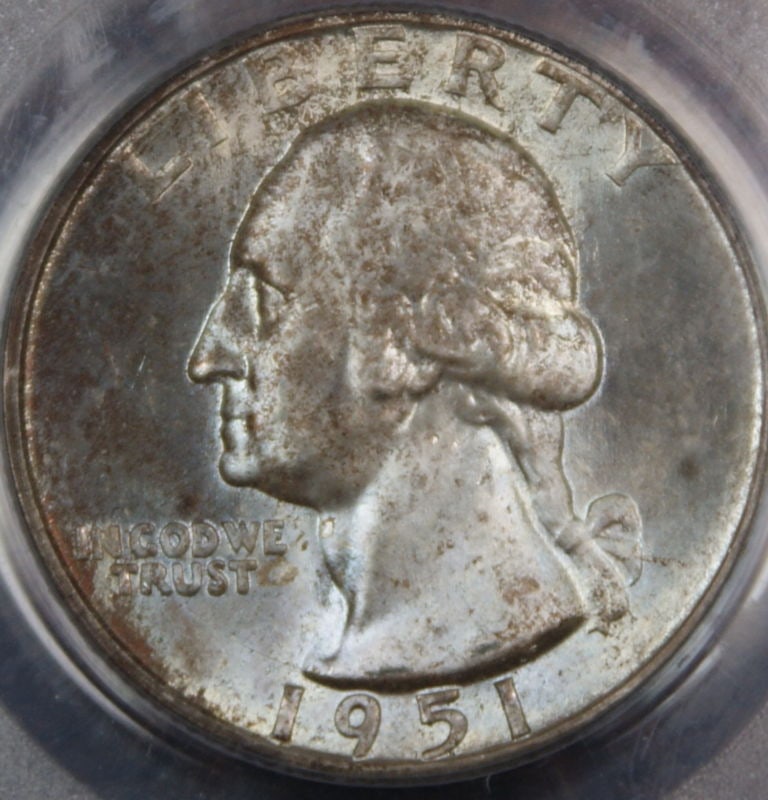 PCGS MS-65 1951-D Washington Quarter Silver Light Toning: PCGS MS-65 1951-D Washington Quarter Silver Light Toning This is a 1951-D Washington Quarter, certified by PCGS with a grade of MS-65. The coin is composed of silver and features light toning. It was 