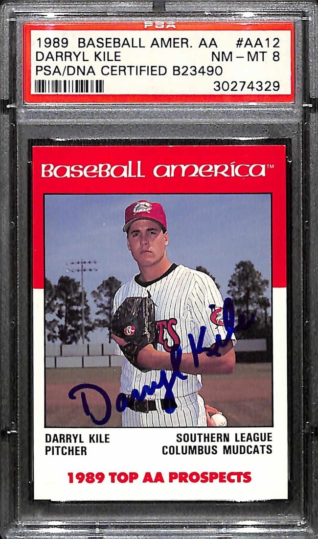 1989 Baseball America Darryl Kile Signed Top AA Prospects PSA NM-MT 8: 1989 Baseball America Darryl Kile Signed Top AA Prospects PSA NM-MT 8 This is an authentic 1989 Baseball America Top AA Prospects card #AA-12 featuring an autograph from Darryl Kile, a notable pitcher