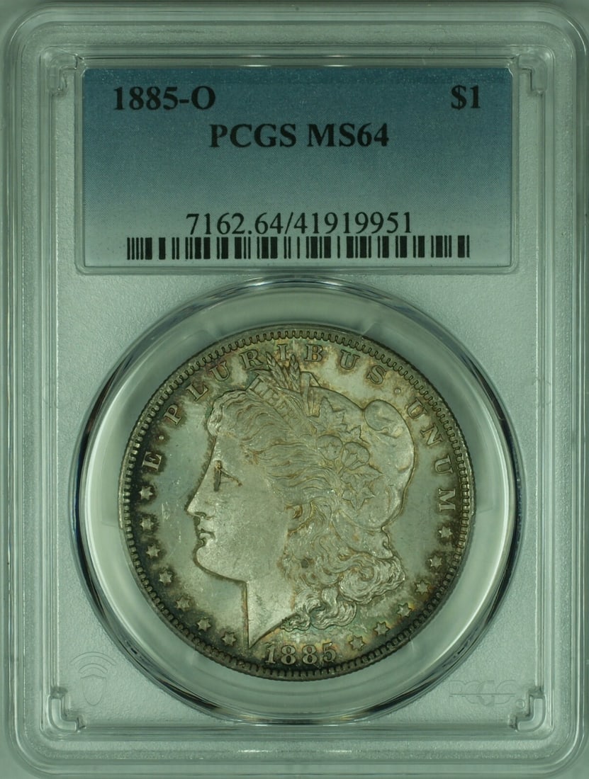 PCGS MS64 1885-O Morgan Silver Dollar Toned: PCGS MS64 1885-O Morgan Silver Dollar Toned This is an 1885-O Morgan Silver Dollar, graded MS-64 by PCGS. The coin is uncirculated and features attractive toning. It was minted in New Orleans and is c