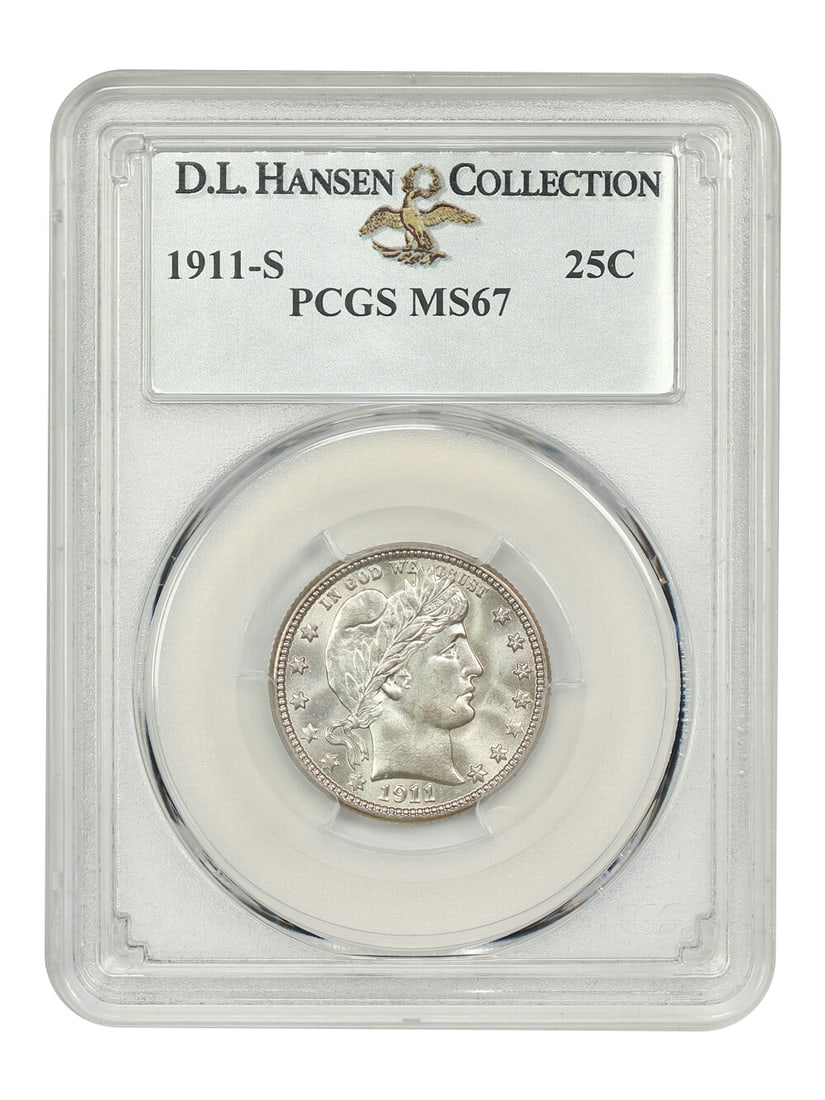 1911-S Barber Quarter 25C PCGS MS67 San Francisco Gem: 1911-S Barber Quarter 25C PCGS MS67 San Francisco Gem This stunning 1911-S Barber Quarter is graded MS67 by PCGS, making it a remarkable gem among its peers. With a mintage of only 988,000 coins, this