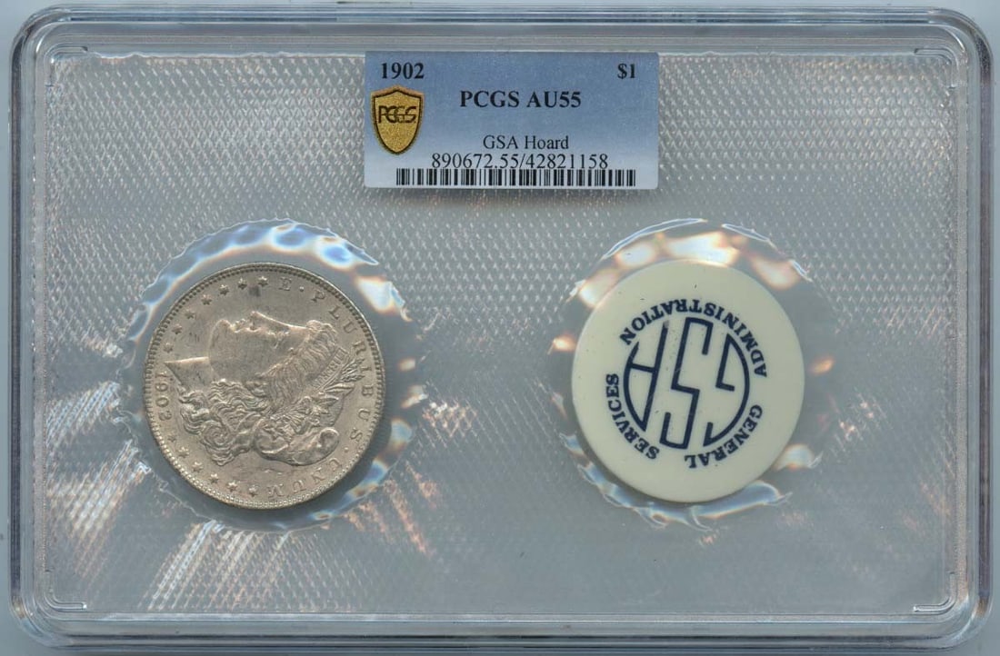 PCGS AU55 1902 Morgan Dollar from GSA Hoard Soft Pack: PCGS AU55 1902 Morgan Dollar from GSA Hoard Soft Pack This 1902 Morgan Dollar originates from the GSA Hoard and is presented in a soft pack. Certified by PCGS with a grade of AU55, this pre-owned coin