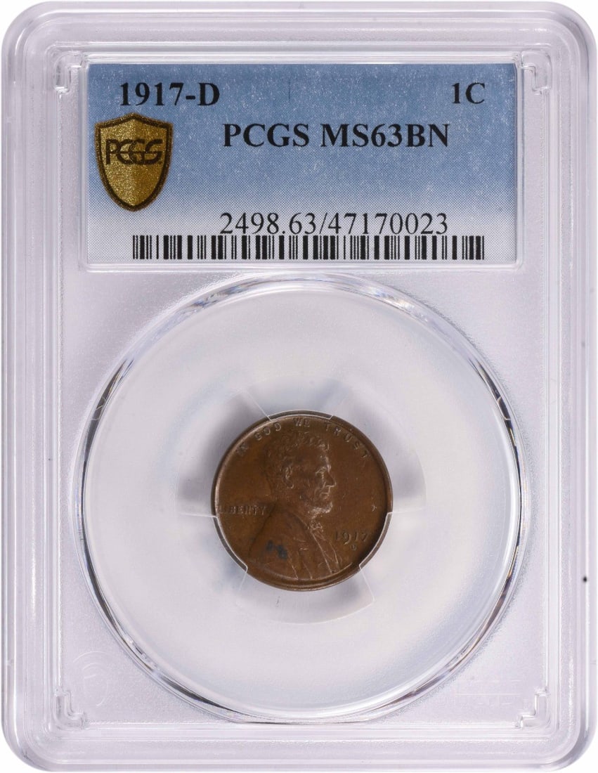 PCGS MS63BN 1917-D Lincoln Wheat Copper Cent: PCGS MS63BN 1917-D Lincoln Wheat Copper Cent This 1917-D Lincoln Wheat Cent is an uncirculated coin graded MS63BN by PCGS. Struck in copper, it features the classic Lincoln Wheat design and originates