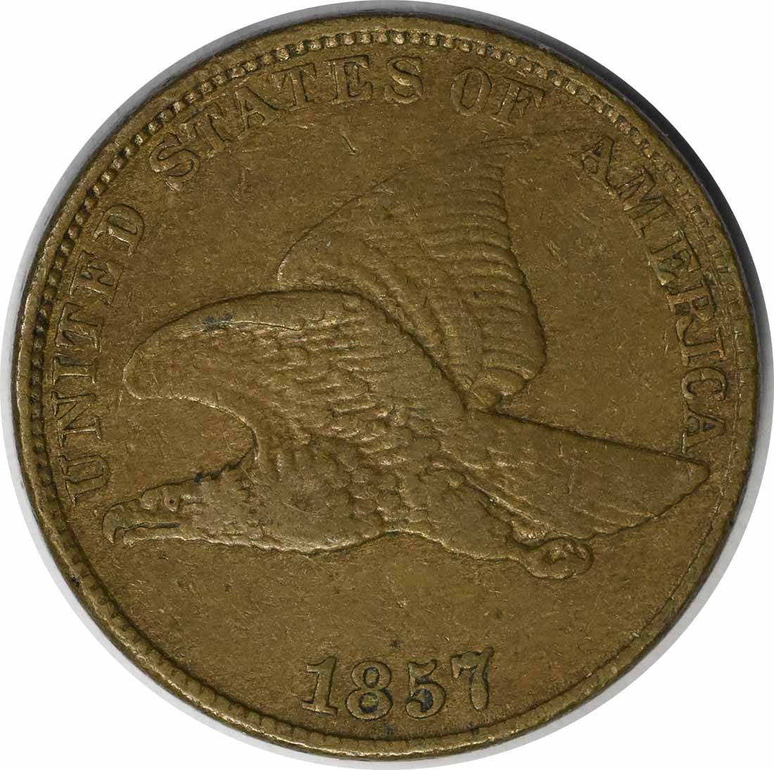 1857 Flying Eagle Cent DDO S-3 FS-105 Uncertified Copper Nickel: 1857 Flying Eagle Cent DDO S-3 FS-105 Uncertified Copper Nickel This 1857 Flying Eagle Cent features a striking design by James Barton Longacre. It is a circulated coin from the Philadelphia mint, wit