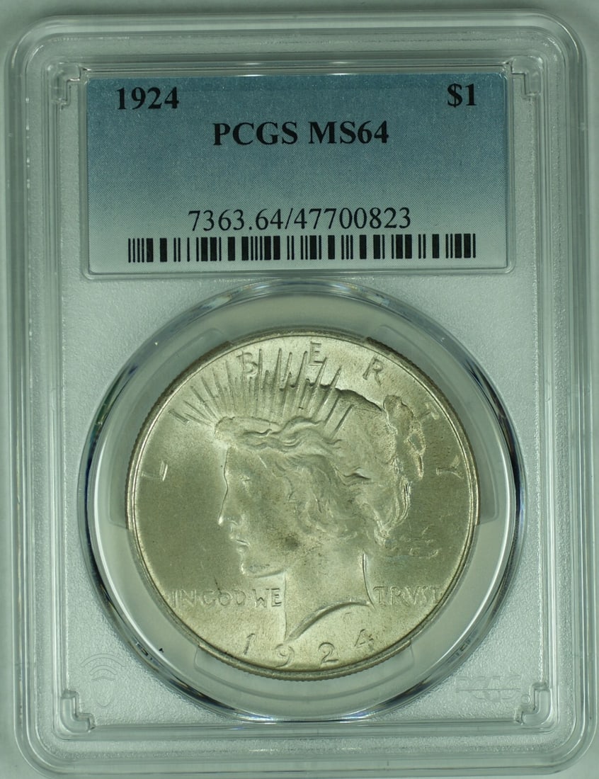 PCGS MS 64 Peace Dollar 1924 Silver $1 Coin United States: PCGS MS 64 Peace Dollar 1924 Silver $1 Coin United States This is a 1924 Peace Silver $1 Dollar coin from the United States. The coin is composed of silver and is uncirculated, graded MS 64 by PCGS. I