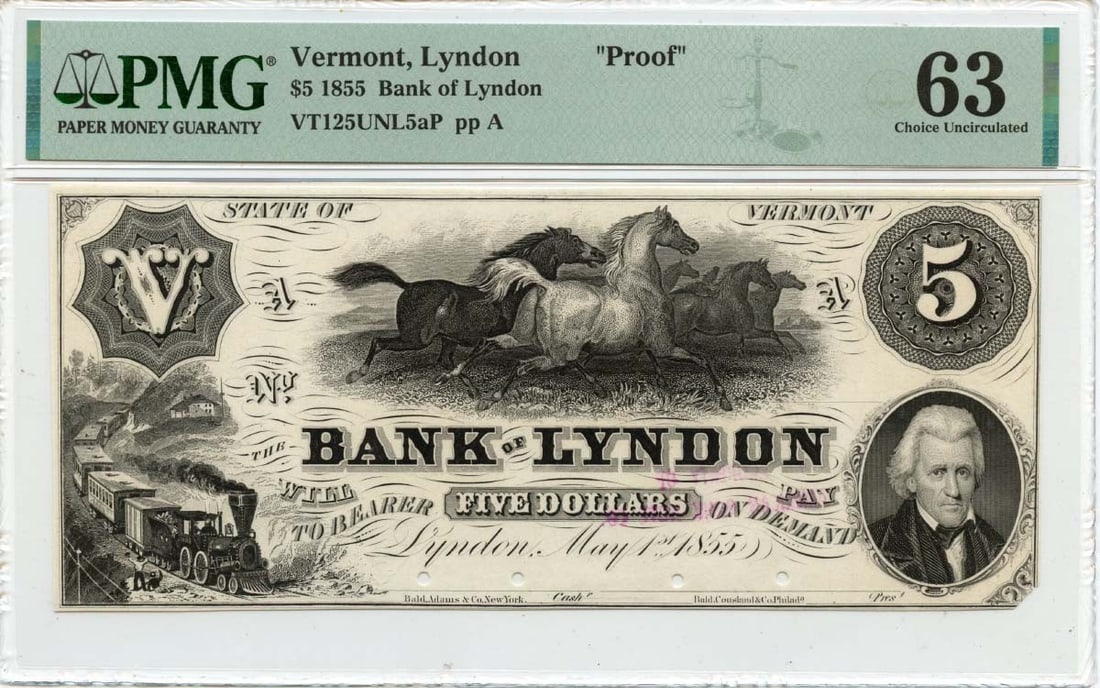 Obsolete 1855 Bank of Lyndon Vermont $5 Proof Note PMG CU63 (1 of 2)