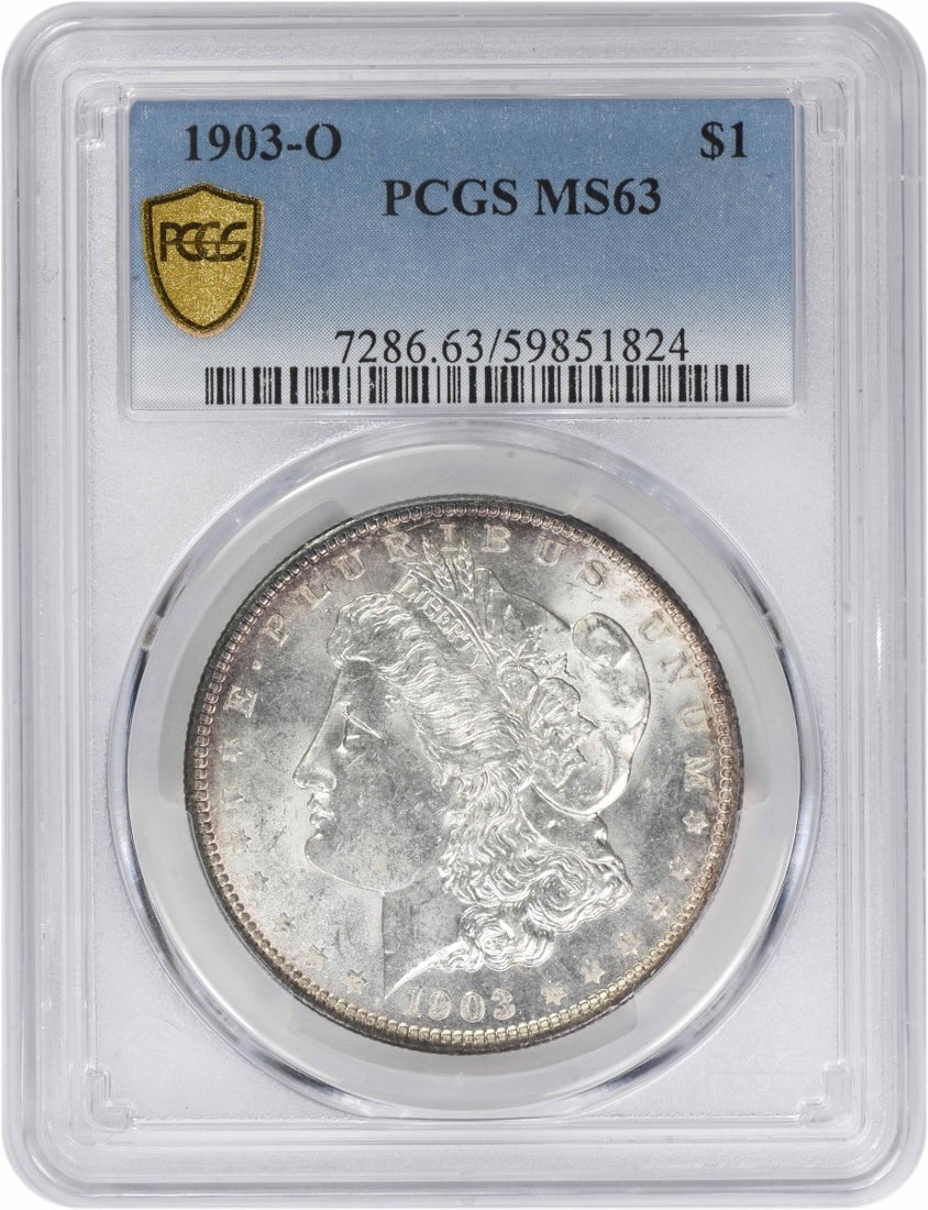 1903 New Orleans Morgan Dollar MS63 90 Percent Silver PCGS Certified: 1903 New Orleans Morgan Dollar MS63 90 Percent Silver PCGS Certified This 1903-O Morgan Silver Dollar is certified MS63 by PCGS. Struck at the New Orleans Mint, it is composed of 90% silver and 10% co
