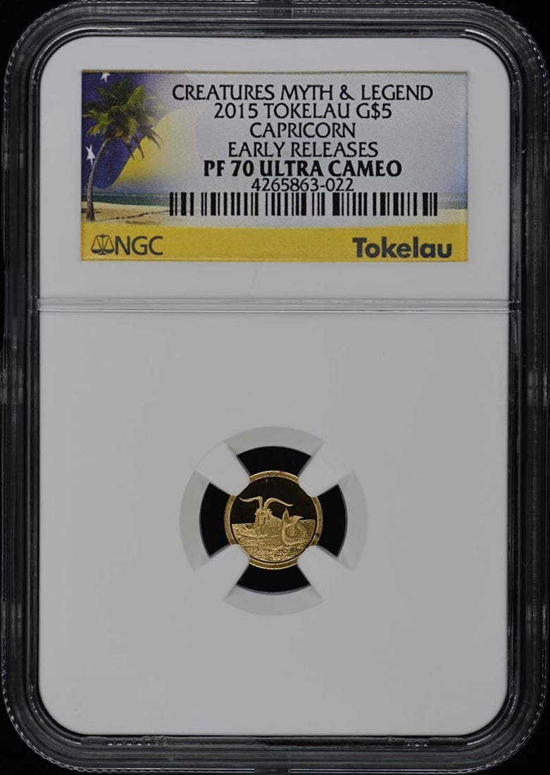 2015 Tokelau Capricorn G$5 Coin NGC PR70DCAM Early Release: 2015 Tokelau Capricorn G$5 Coin NGC PR70DCAM Early Release This 2015 Tokelau Capricorn coin is a remarkable collectible, graded as PR70 by NGC, ensuring its pristine uncirculated condition. It feature