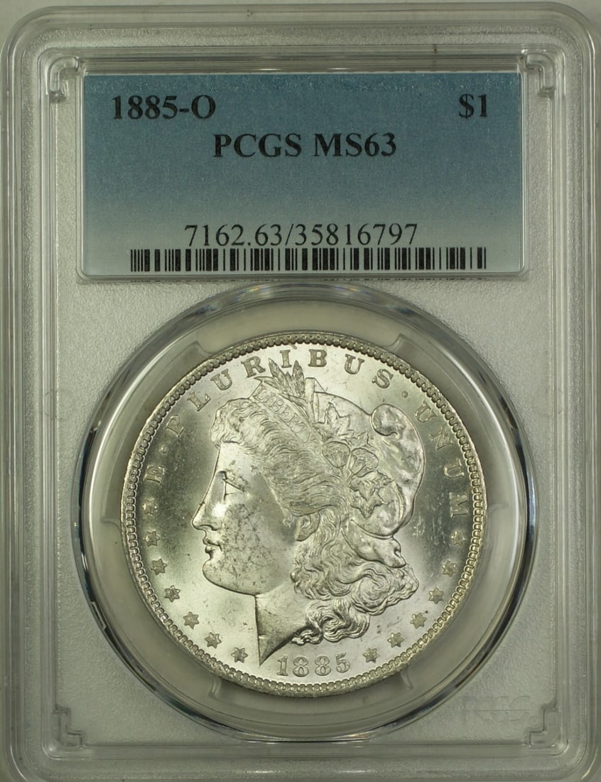 PCGS MS63 1885-O Morgan Silver Dollar: PCGS MS63 1885-O Morgan Silver Dollar This is an 1885-O Morgan Silver Dollar graded MS-63 by PCGS. Minted in New Orleans, this uncirculated coin is composed of silver and features the classic Morgan D