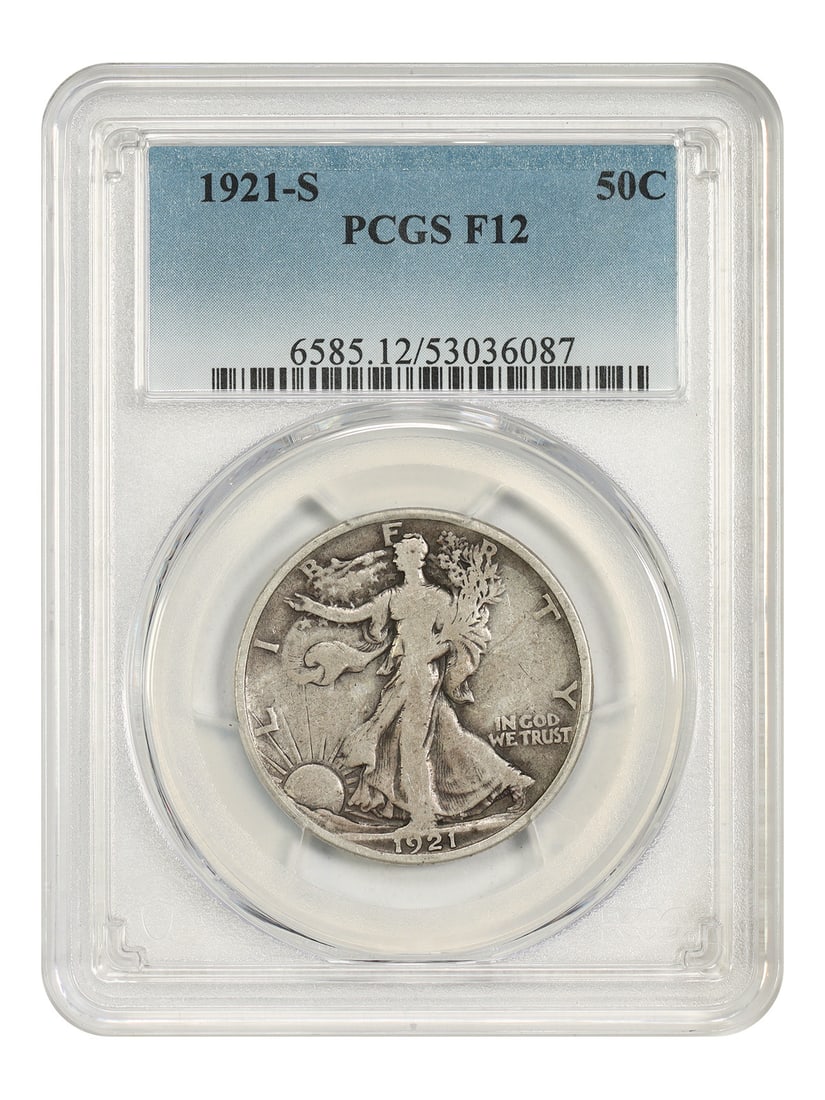 Key Date Walking Liberty Half Dollar 1921 S 50C PCGS F12: Key Date Walking Liberty Half Dollar 1921 S 50C PCGS F12 1921-S Walking Liberty Half Dollar graded Fine 12 by PCGS. This circulated 50C coin was minted in San Francisco and is identified as the key da