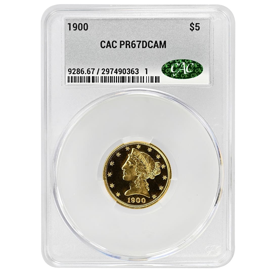 CACG PR67DCAM 1900 Liberty Head $5 Proof Coin: CACG PR67DCAM 1900 Liberty Head $5 Proof Coin This is a 1900 $5 Liberty Head proof coin from the United States, struck at the Philadelphia Mint. It features a Proof Deep Cameo (DCAM) strike and is gra