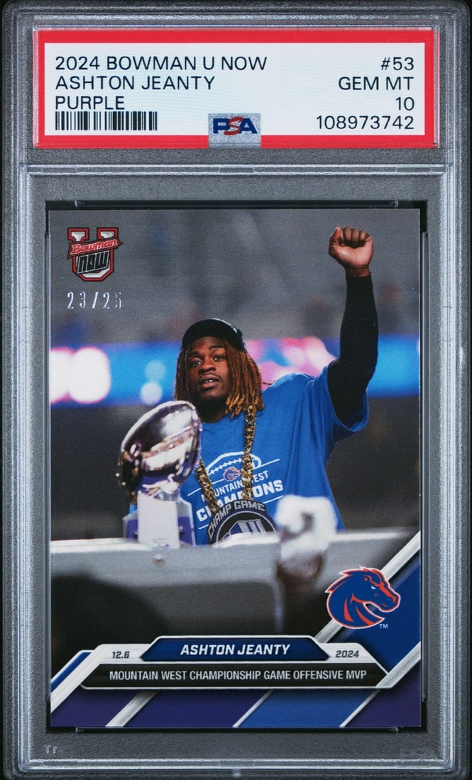 2024 Bowman U Now Ashton Jeanty #53 Purple /25 RC Football Card PSA 10: 2024 Bowman U Now Ashton Jeanty #53 Purple /25 RC Football Card PSA 10 This is a graded 2024 Bowman U Now Ashton Jeanty #53 Purple /25 RC Football Card, certified by Professional Sports Authenticator 