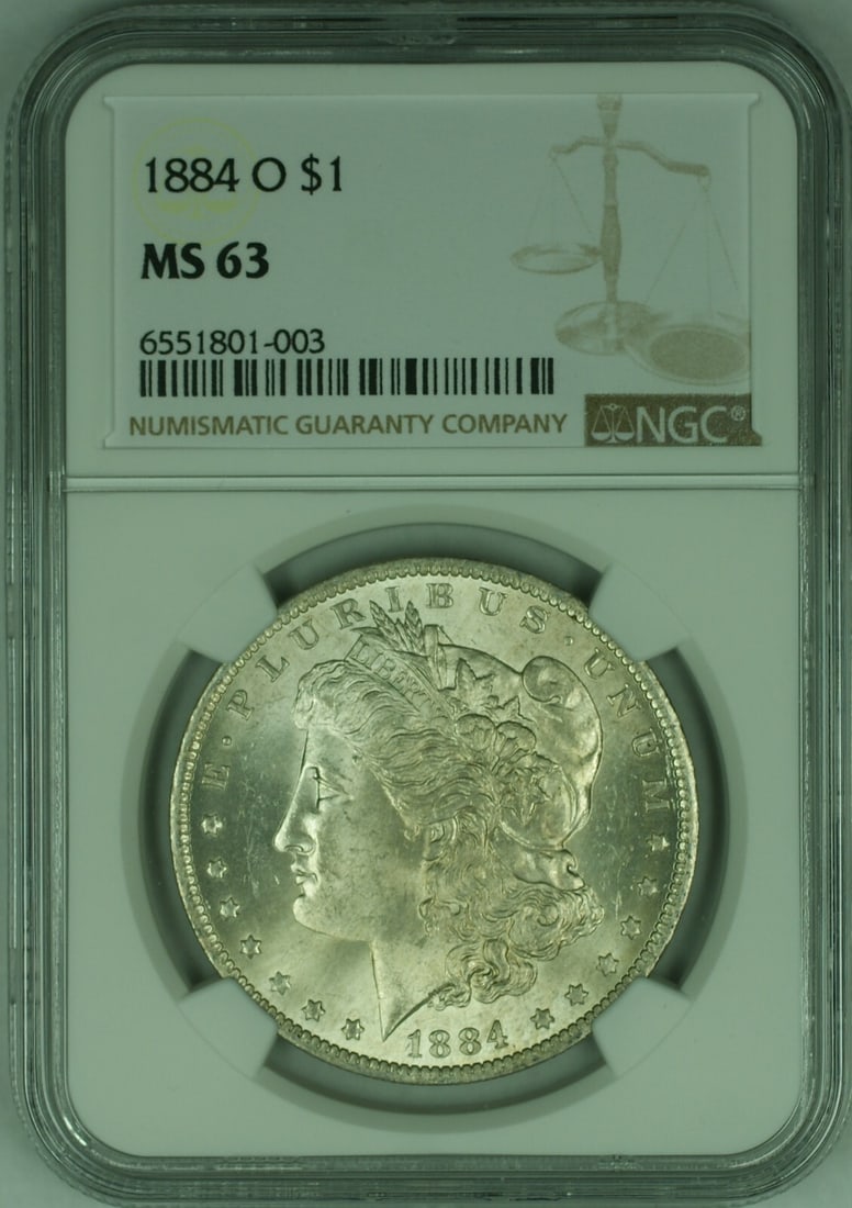 NGC MS 63 1884-O Morgan Dollar Silver Coin from New Orleans Mint: NGC MS 63 1884-O Morgan Dollar Silver Coin from New Orleans Mint This is an 1884-O Morgan Silver Dollar graded MS-63 by NGC. Minted in New Orleans, this uncirculated coin is composed of silver and car
