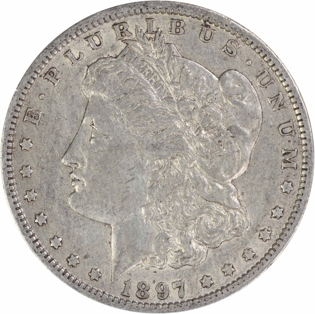1897 New Orleans Morgan Dollar 90 Percent Silver EF Grade Uncertified: 1897 New Orleans Morgan Dollar 90 Percent Silver EF Grade Uncertified This is a pre-owned 1897-O Morgan Silver Dollar from the New Orleans Mint. The coin is composed of 90% silver and 10% copper, with