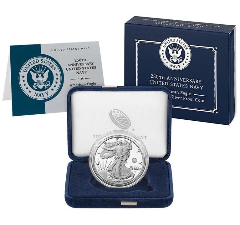2025 Navy Privy American Silver Eagle Proof with OGP COA 250th Anniversary: 2025 Navy Privy American Silver Eagle Proof with OGP COA 250th Anniversary This 2025-S Navy Privy American Silver Eagle $1 coin celebrates the 250th anniversary and features a proof strike. Composed o