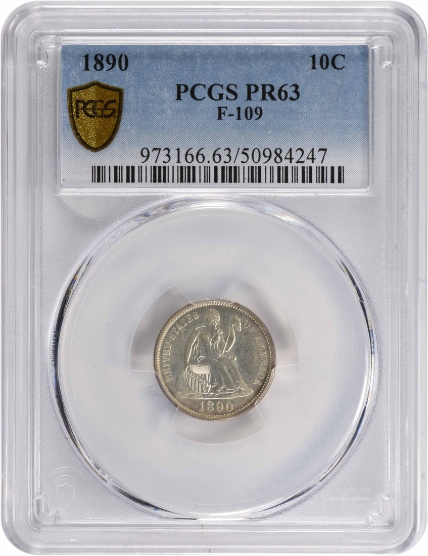 1890 Liberty Seated Silver Dime PCGS PR63 Philadelphia Mint: 1890 Liberty Seated Silver Dime PCGS PR63 Philadelphia Mint This 1890 Liberty Seated Silver Dime is a stunning example of American numismatic history. Graded PR63 by PCGS, this coin features the iconi