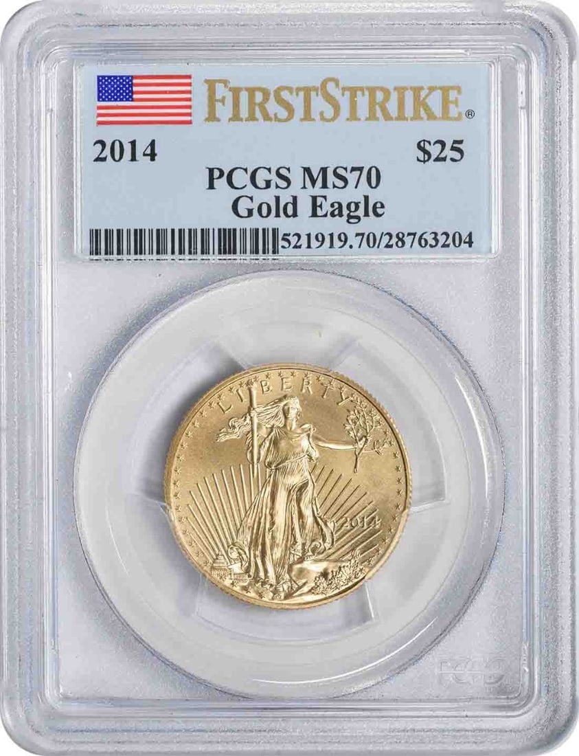 2014 $25 American Gold Eagle MS70 First Strike PCGS 0.999 Gold: 2014 $25 American Gold Eagle MS70 First Strike PCGS 0.999 Gold This exquisite 2014 $25 American Gold Eagle coin is graded MS70 by PCGS, ensuring its pristine condition. Struck by the U.S. Mint, this c