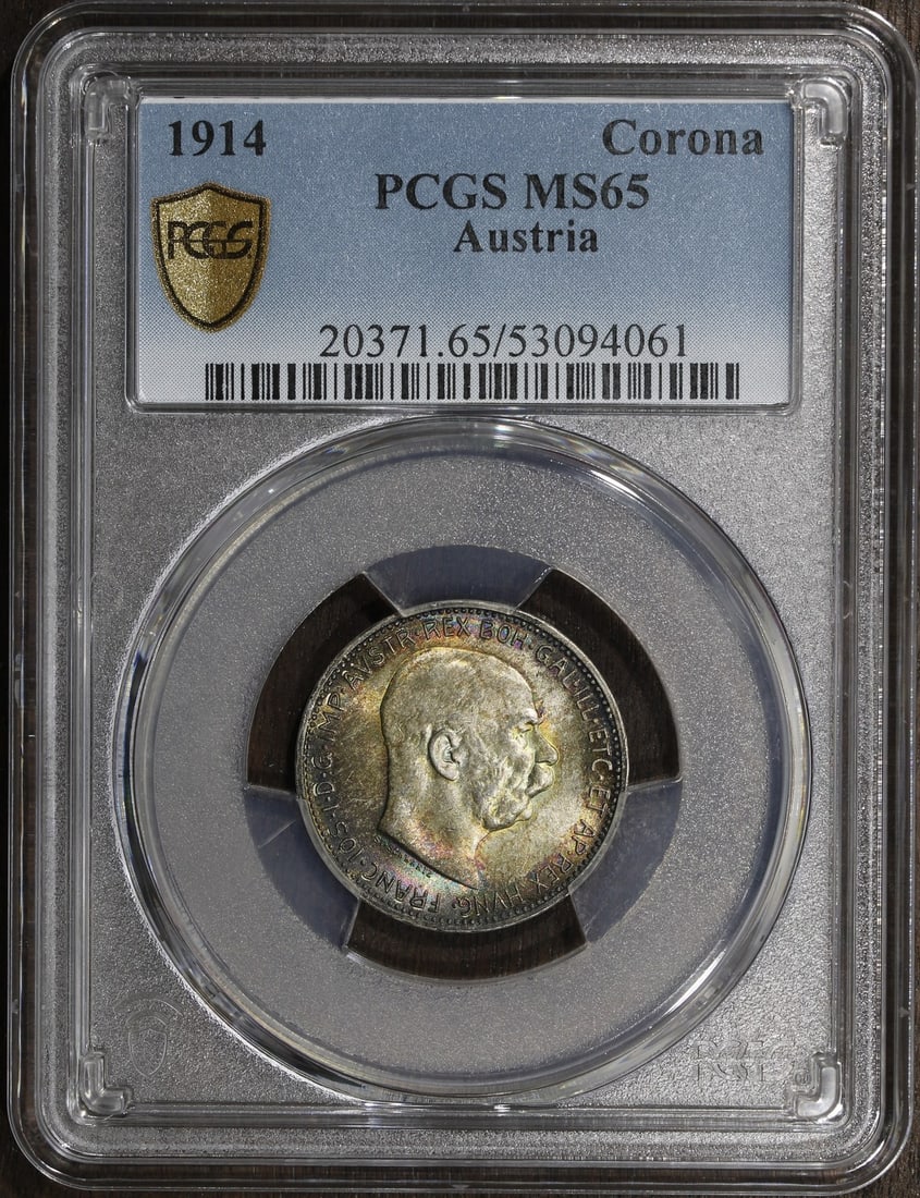 Austria 1914 Silver 1 Corona PCGS MS65 Rainbow Toned (1 of 3)