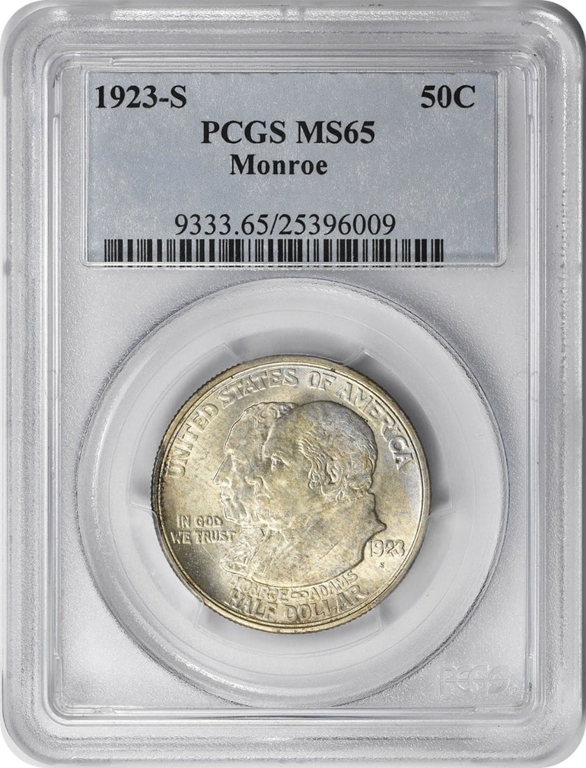 1923-S Monroe Commemorative Silver Half Dollar MS65 PCGS Uncirculated: 1923-S Monroe Commemorative Silver Half Dollar MS65 PCGS Uncirculated This 1923-S Monroe Commemorative Silver Half Dollar is a remarkable piece of numismatic history. Graded MS65 by PCGS, this coin is