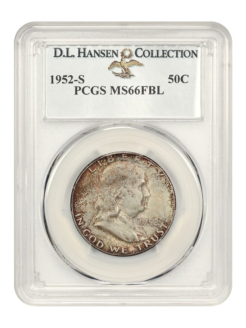 PCGS MS66 FBL 1952-S Franklin Half Dollar ex D.L. Hansen: PCGS MS66 FBL 1952-S Franklin Half Dollar ex D.L. Hansen 1952-S Franklin Half Dollar graded PCGS MS66 FBL. This uncirculated coin is certified by PCGS and carries certification number 25622010. It sho
