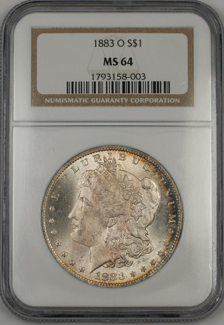NGC MS-64 1883-O $1 Morgan Silver Dollar with Attractive Toning: NGC MS-64 1883-O $1 Morgan Silver Dollar with Attractive Toning This 1883-O Morgan Silver Dollar features attractive toning, particularly on the reverse. Graded MS 64 by NGC, the coin is uncirculated 