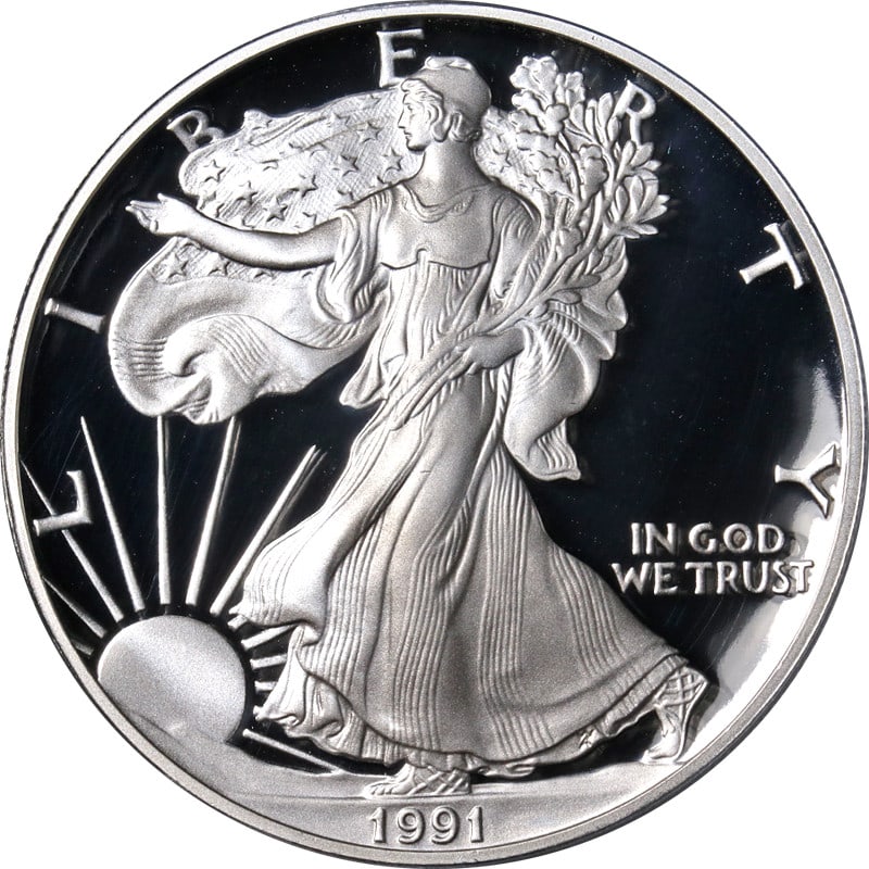 PCGS PR70 DCAM 1991 S Silver American Eagle Dollar: PCGS PR70 DCAM 1991 S Silver American Eagle Dollar This is a 1991-S Silver American Eagle $1 coin graded PR70 Deep Cameo (DCAM) by PCGS. The coin is uncirculated, features a superb black and white cam