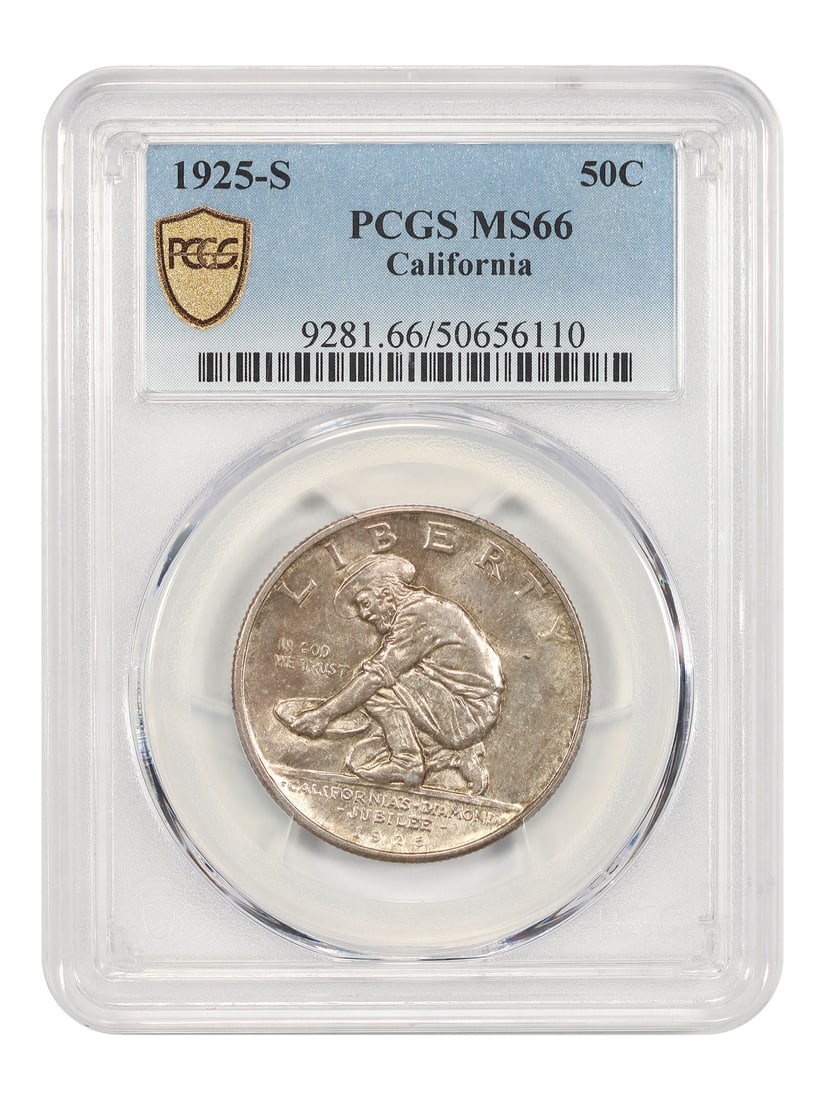 PCGS MS66 1925-S California 50C Silver Commemorative: PCGS MS66 1925-S California 50C Silver Commemorative 1925-S 50C California Classic Silver Commemorative graded MS66 by PCGS. This uncirculated coin is a popular issue with a mintage of 86,394 coins an