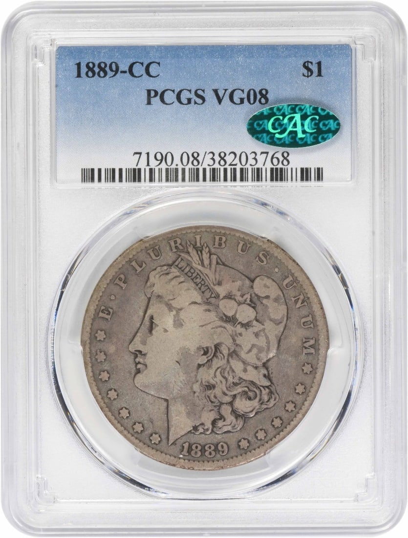 PCGS CAC Certified 1889 Carson City Morgan Dollar VG08 90 Percent Silver: PCGS CAC Certified 1889 Carson City Morgan Dollar VG08 90 Percent Silver This 1889-CC Morgan Silver Dollar is graded VG08 by PCGS and features the CAC designation. Struck at the Carson City Mint, the 