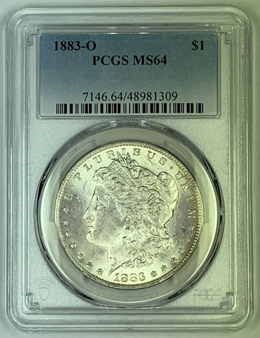 PCGS MS 64 1883-O Morgan Silver Dollar Coin United States $1: PCGS MS 64 1883-O Morgan Silver Dollar Coin United States $1 This is an 1883-O Morgan Silver Dollar coin, certified by PCGS with a grade of MS 64. The coin is uncirculated and composed of silver. It i