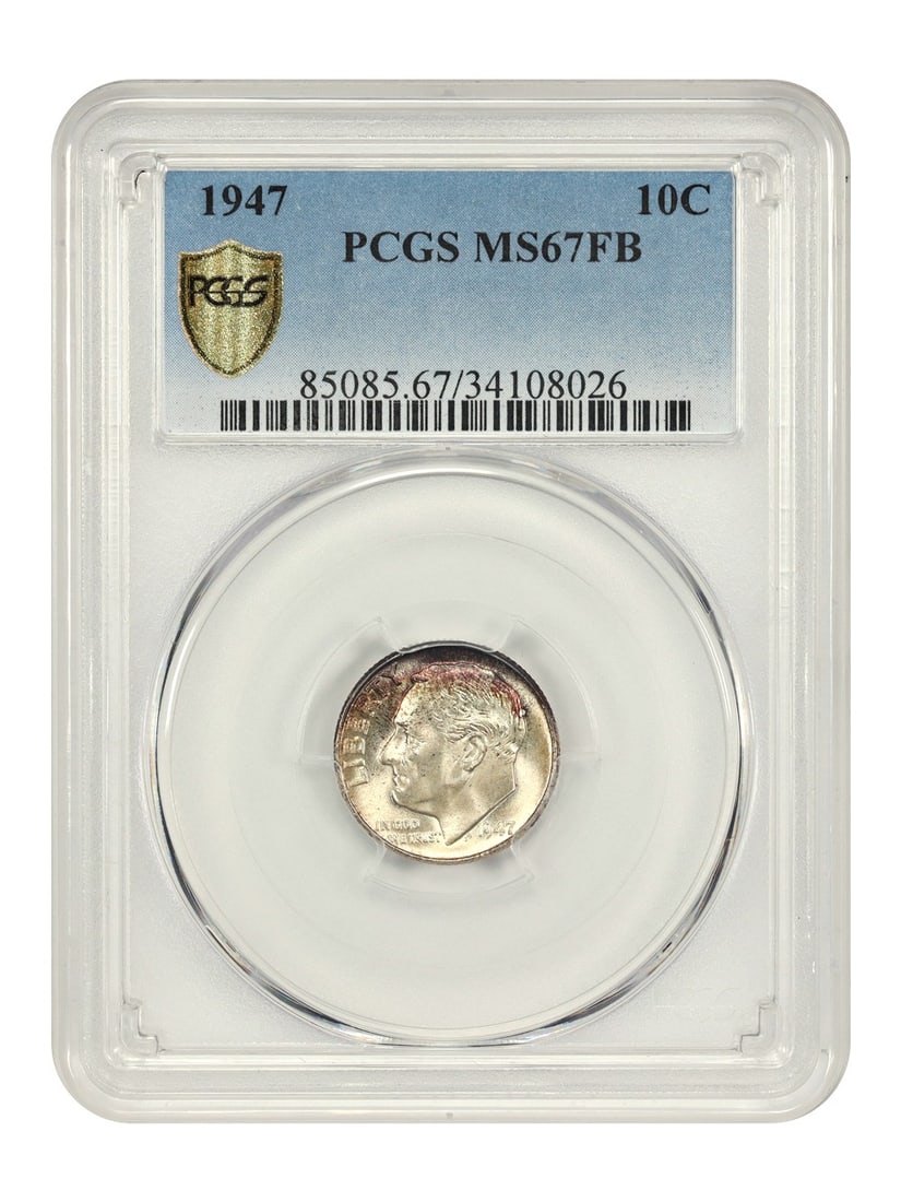 PCGS MS67FB 1947 Roosevelt Dime 10C Philadelphia: PCGS MS67FB 1947 Roosevelt Dime 10C Philadelphia A 1947 Roosevelt Dime certified by PCGS and graded MS67FB. This uncirculated 10C coin was struck at the Philadelphia mint and is identified as part of 