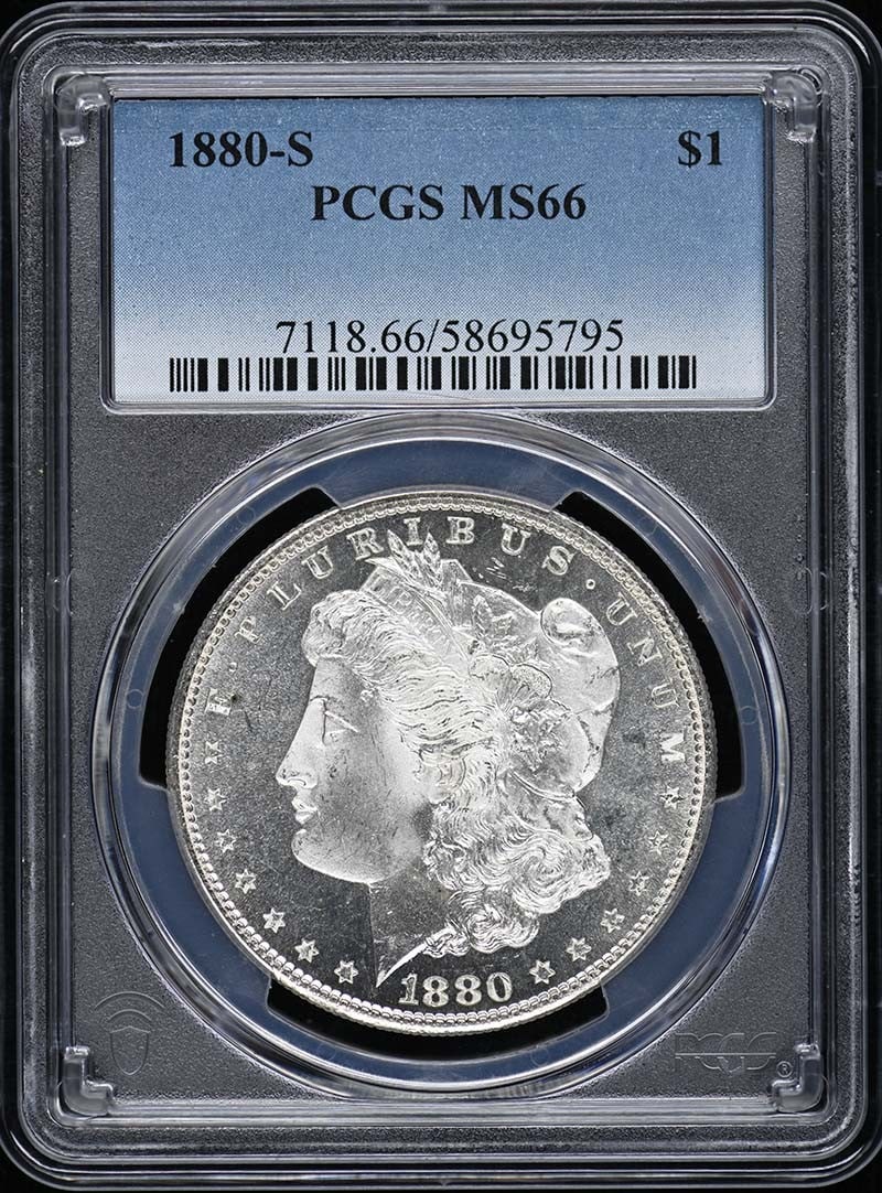 PCGS MS66 1880-S Morgan Silver Dollar: PCGS MS66 1880-S Morgan Silver Dollar This 1880 Morgan Dollar was minted in San Francisco and is graded MS66 by PCGS. The coin is uncirculated and comes from the United States, making it a desirable p