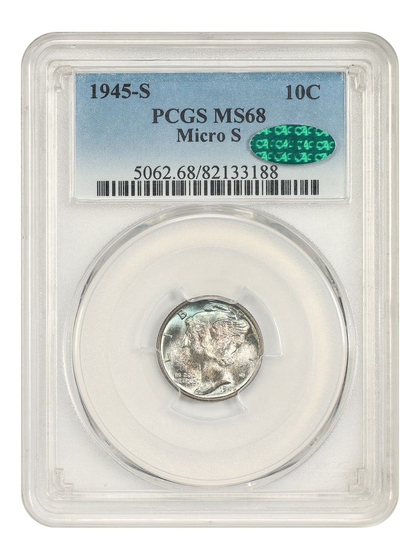 Mercury Dime 1945-S Micro S 10C PCGS CAC MS68: Mercury Dime 1945-S Micro S 10C PCGS CAC MS68 1945-S Mercury Dime graded MS68 by PCGS/CAC. This uncirculated coin from the San Francisco Mint is described as sharp and highly lustrous, with blue and v