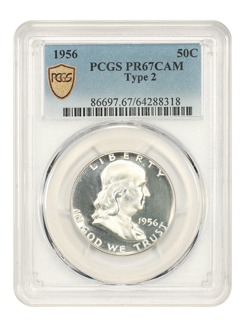 PCGS PR67CAM 1956 Franklin Half Dollar 50C Type 2: PCGS PR67CAM 1956 Franklin Half Dollar 50C Type 2 1956 Franklin Half Dollar 50C, Type 2, certified by PCGS with a PR67CAM grade. This uncirculated Philadelphia coin is pre-owned and has a mintage of 6