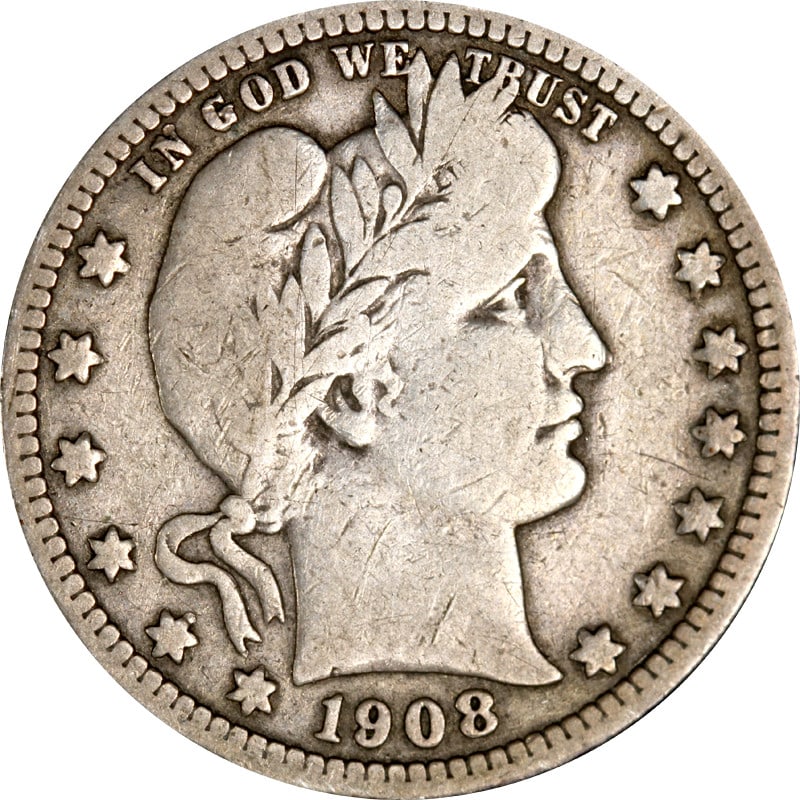 Silver 1908-S Barber Quarter: Silver 1908-S Barber Quarter This is a 1908-S Barber Quarter from the United States, struck in silver with a fineness of 0.9. The coin is circulated and comes uncertified. It was minted in San Francis