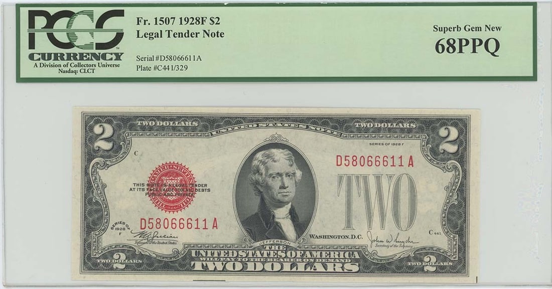 PCGS 68 PPQ 1928F $2 Legal Tender Note FR#1507 (1 of 2)