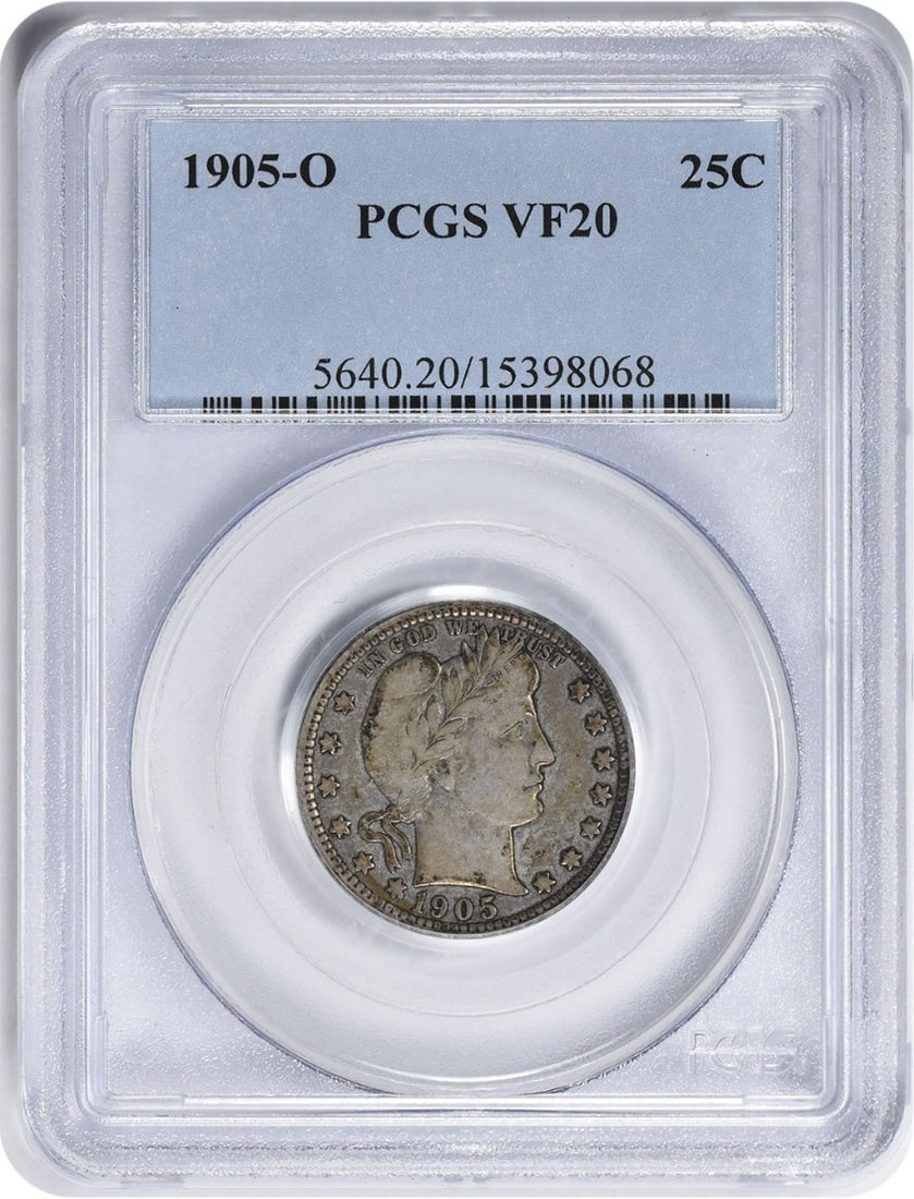 1905-O Barber Quarter VF20 Certified PCGS Silver Coin: 1905-O Barber Quarter VF20 Certified PCGS Silver Coin This 1905-O Barber Silver Quarter is a remarkable piece, certified by PCGS with a grade of VF20. It features a composition of 90% silver and 10% c