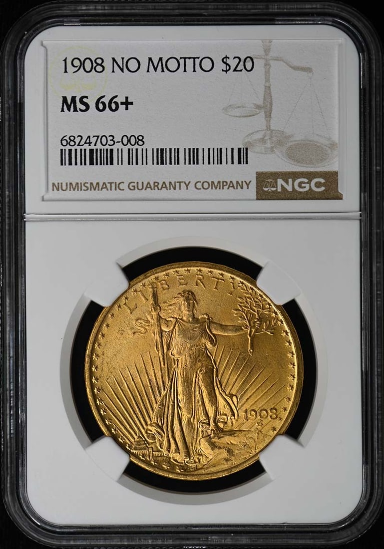 NGC MS66 Plus 1908 Saint-Gaudens $20 Gold Coin No Motto (1 of 2)