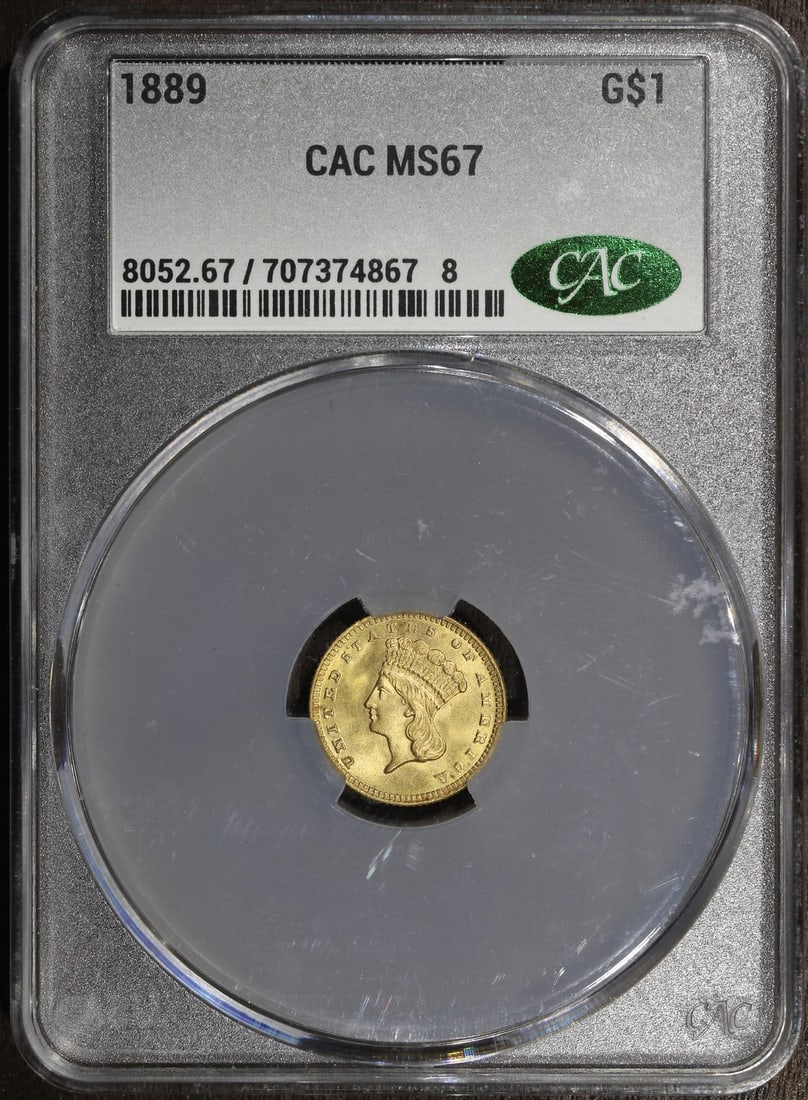 1889 Indian Princess Gold Dollar MS67 CAC Certified: 1889 Indian Princess Gold Dollar MS67 CAC Certified This 1889 Type 3 Indian Princess Gold Dollar is a superb GEM, graded MS67 by CAC. Struck in Philadelphia, this uncirculated coin is composed of 0.9 